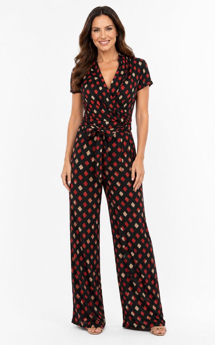 Catherine Malandrino Womens Black Silk Geometric Jumpsuit Short Sleeve Size 12